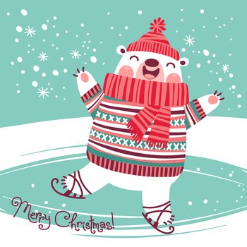 Christmas card with cute polar bear on an ice rink vector image
