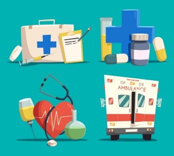First aid kit and cross emergency bus and heart vector image