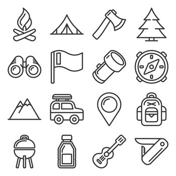 Hiking and camping icons set line style vector image