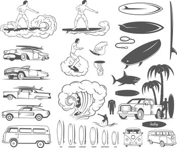 Set elements of surfing and extreme sports vector image