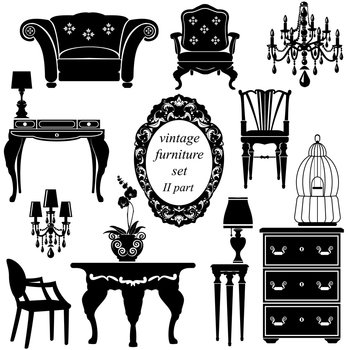 Set of antique furniture - isolated black silhouet vector image