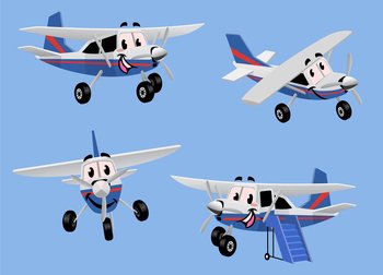 Set small turbo propelled airplane in cartoon vector image