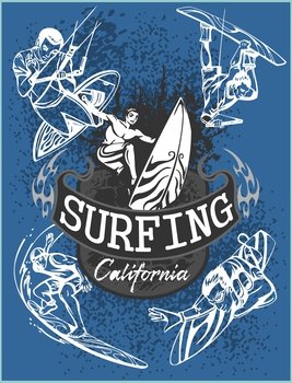 Surfing - set label and elements vector image