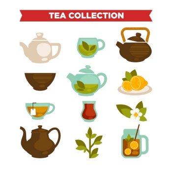 Tea collection of cups teapot and teabags vector image