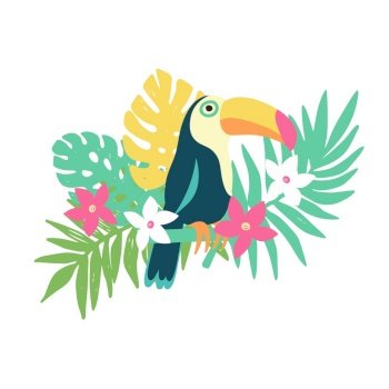 Tropical bird toucan and exotic plants and flowers vector image