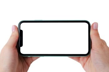 Moscow, Russia - January 18, 2020: Green Apple iPhone 11 mock up horizontal in a female hands isolated on a white background. Close-up of a new smartphone from Apple in a female hand.