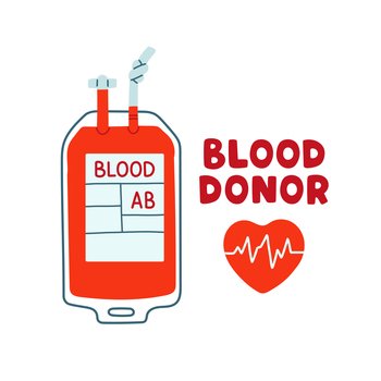 Blood donor, blood bag, hearts, heart beat. Hand drawn Vector illustrations. Donate Blood, Health Care Concept