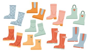 Set of rubber boots, different colors and shapes. Vector isolated on a white background.