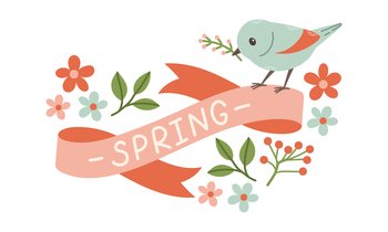 Spring label with season quotes, bird, ribbon. Hand drawn spring vector illustration.
