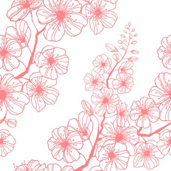 Stock vector seamless pattern with hand-drawn pink sakura branch. Ink illustration silhouette blooming cherry. Decorating Japanese spring holiday wrapping, stationery, bedline, wallpaper and fabric.