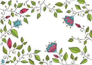 Horizontal frame of flowers, patterns with copy space. Stained glass style linear drawing botanical ornament for cute postcard