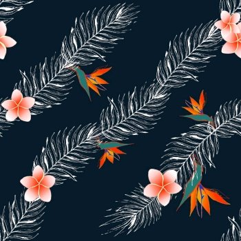 Colorful floral tropic desin seamless pattern. Wild flowers and leaves background.Textile design, wallpaper, fabric print. Vector illustration Eps8
