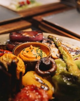 Plate of assorted and colorful vegetables made on the grill