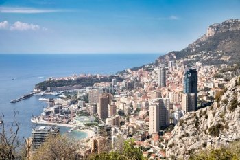 Monte Carlo - August 2022: panoramic view of the city. Monaco port and skyline.