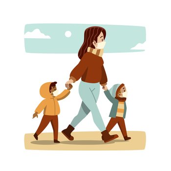 Mother walking with their children with medical masks