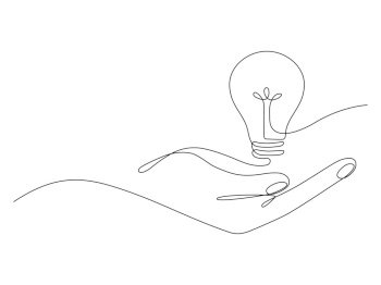 Lightbulb on hand one continuous line drawing. Electric lamp. Brainstorm linear symbol. Vector isolated on white.. Lightbulb on hand one continuous line drawing.