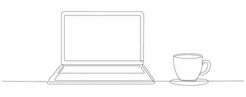 Continuous line drawing of laptop and coffee cup. Vector isolated on white.. Continuous line drawing of laptop and coffee cup.