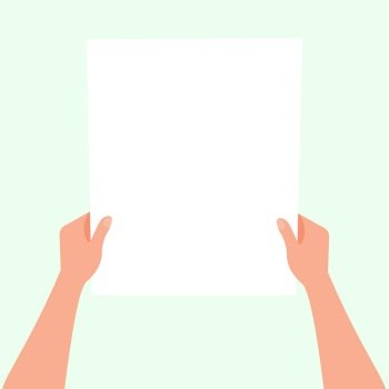 Flat illustration of hands holding a sheet of paper with place for text. Mockup notice. Read letter. Vector template for articles, brochures and your design.