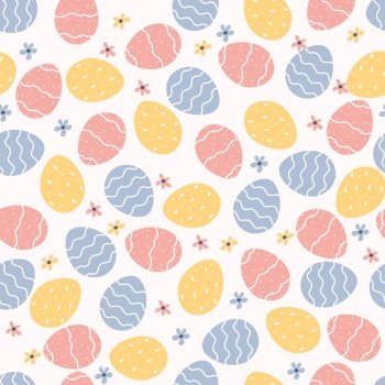 Vintage seamless pattern with Easter eggs in peas and cute daisy flowers. Limited pastel palette. Vector illustration