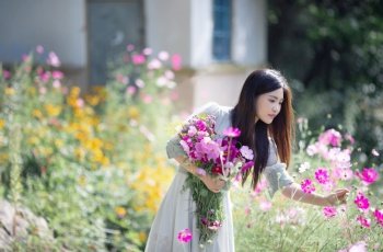 asian woman garden flowers meadow