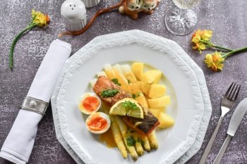 asparagus fish salmon table dine