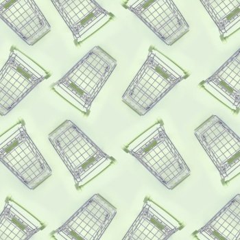 Pattern of many small shopping carts on a lime background. Minimalism flat lay top view.. Pattern of many small shopping carts on a lime background