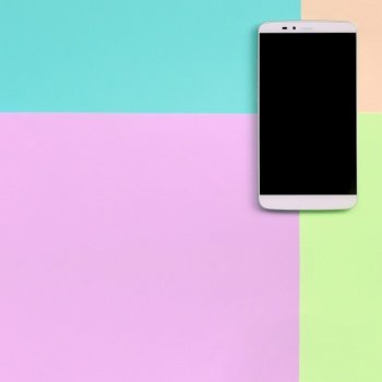Modern smartphone with black screen on texture background of fashion pastel pink, blue, coral and lime colors paper in minimal concept.. Modern smartphone with black screen on texture background of fashion pastel pink, blue, coral and lime colors