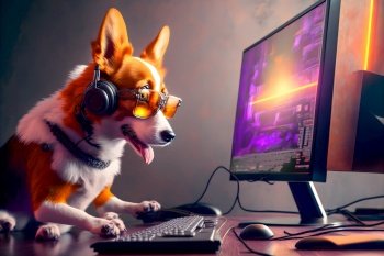 Dog as video game live stream gamer use PC computer for entertainment. Neural network AI generated art. Dog as video game live stream gamer use PC computer for entertainment. Neural network generated art