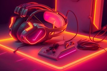 Gaming headphones and neon lighting. Neural network AI generated art. Gaming headphones and neon lighting. Neural network AI generated