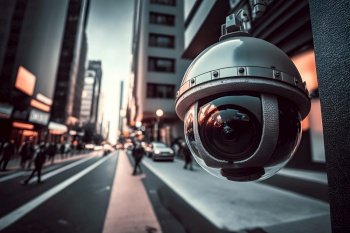 CCTV Camera or surveillance operating on street and building at night. Neural network AI generated art. CCTV Camera or surveillance operating on street and building at night. Neural network AI generated