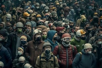 Crowd of people in uniform and gas mask. Concept of radiation and virus, environmental pollution. Neural network AI generated art. Crowd of people in uniform and gas mask. Concept of radiation and virus, environmental pollution. Neural network AI generated