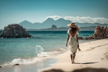 A elegant tourist woman in white summer dress walks on a tropical beach. Neural network AI generated art. A elegant tourist woman in white summer dress walks on a tropical beach. Neural network generated art
