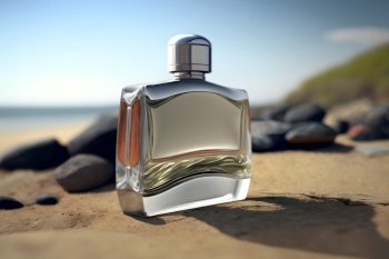 A glass bottle of perfume standing on a sea. Neural network AI generated art. A glass bottle of perfume standing on a sea background. Neural network generated art