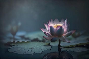 White lotus lilies in lake water. Natural beautiful flowers blossom in forest wildlife. Neural network AI generated art. White lotus lilies in lake water. Natural beautiful flowers blossom in forest wildlife. Neural network AI generated