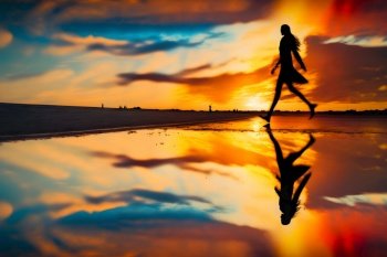 Woman at sunset by the water. Neural network AI generated art. Woman at sunset by the water. Neural network generated art