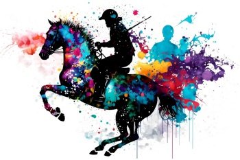 Race horse with jockey on watercolor splatter background. Neural network AI generated art. Race horse with jockey on watercolor splatter background. Neural network generated art