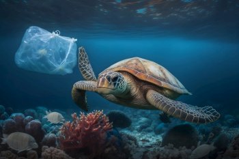 Underwater concept of global problem with plastic rubbish floating in the oceans. Hawksbill turtle in caption of plastic bag. Neural network AI generated art. Underwater concept of global problem with plastic rubbish floating in the oceans. Hawksbill turtle in caption of plastic bag. Neural network AI generated