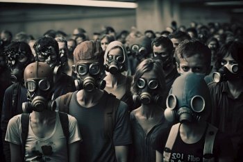 Crowd of people in uniform and gas mask. Concept of radiation and virus, environmental pollution. Neural network AI generated art. Crowd of people in uniform and gas mask. Concept of radiation and virus, environmental pollution. Neural network AI generated