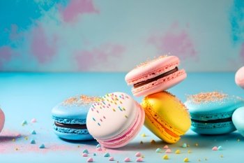 Colorful macarons with bright sugar powder explosion moment on blue background. Neural network AI generated art. Colorful macarons with sugar powder explosion moment on blue background. Neural network generated art