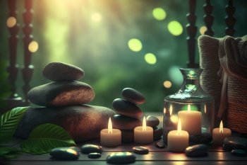 Beauty spa treatment and relax concept. Hot stone massage setting lit by candles. Neural network AI generated art. Beauty spa treatment and relax concept. Hot stone massage setting lit by candles. Neural network AI generated