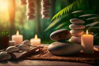 Beauty spa treatment and relax concept. Hot stone massage setting lit by candles. Neural network AI generated art. Beauty spa treatment and relax concept. Hot stone massage setting lit by candles. Neural network AI generated