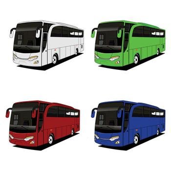 Realistic buses set with different color. Vector illustration on white background