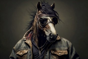horse in jacket, rapper or bandit, gangster, cool horse. Illustration. Generative AI.