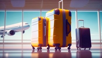 Suitcases in airport. Travel concept. Generative AI