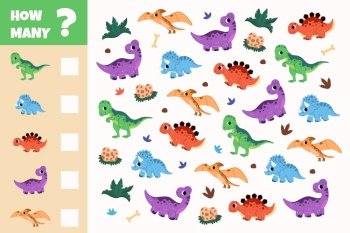 Count how many dinosaurs and write the result for Preschool Children. Education mathematical counting game. Count the number of animals. Mini math worksheet for kindergarten kids. Cartoon Vector