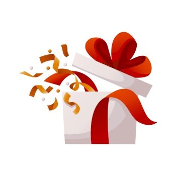Open gift box with exploded gold confetti. Unfolded surprise giftbox with ribbon. Enter to Win Prizes. Birthday party, celebration, holiday, event, festive, congratulations concept. Cartoon vector