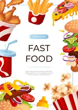 Promo flyer with fast food hot dog, pizza, soda, fries, burger. Street takeaway cafe, cooking, junk food. King size, classic american traditional cartoon snacks meals. Vector A4 banner, poster, menu