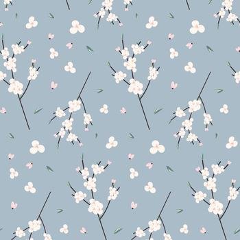 Seamless colorful pattern of abstract blossoming branch of cherry tree. Hello spring. Repeat texture. Template for web, wallpaper, cards, poster, banner, or , label or price tag. Isolate. Vector. EPS