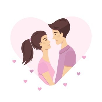 Valentine day concept. Cute hugging happy couple in love. A young smiling woman and a man look at each other. Cartoon characters. Valentine day concept. Romantic couple in love. Young smiling girl looks at a guy. Happy cartoon characters in a pink heart.