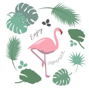 Pink flamingo vector illustration with tropical leaves. Pink flamingo vector flat illustration with tropical leaves. Bright exotic print. Enjoy summer